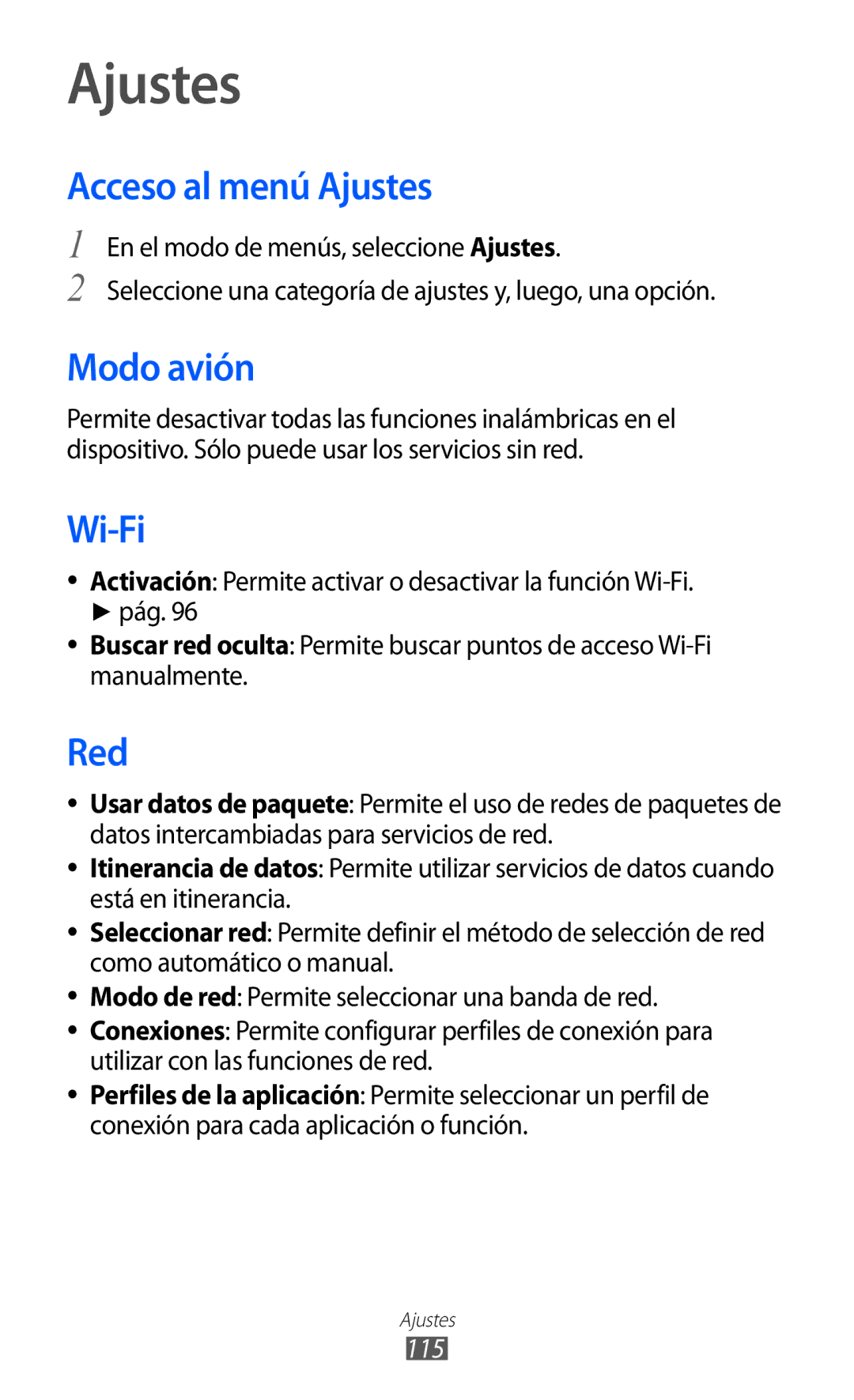 Samsung GT-S8500BAAATL, GT-S8500PDAFOP, GT-S8500BAAYOG, GT-S8500BAATEE manual Acceso al menú Ajustes, Modo avión, Red, 115 