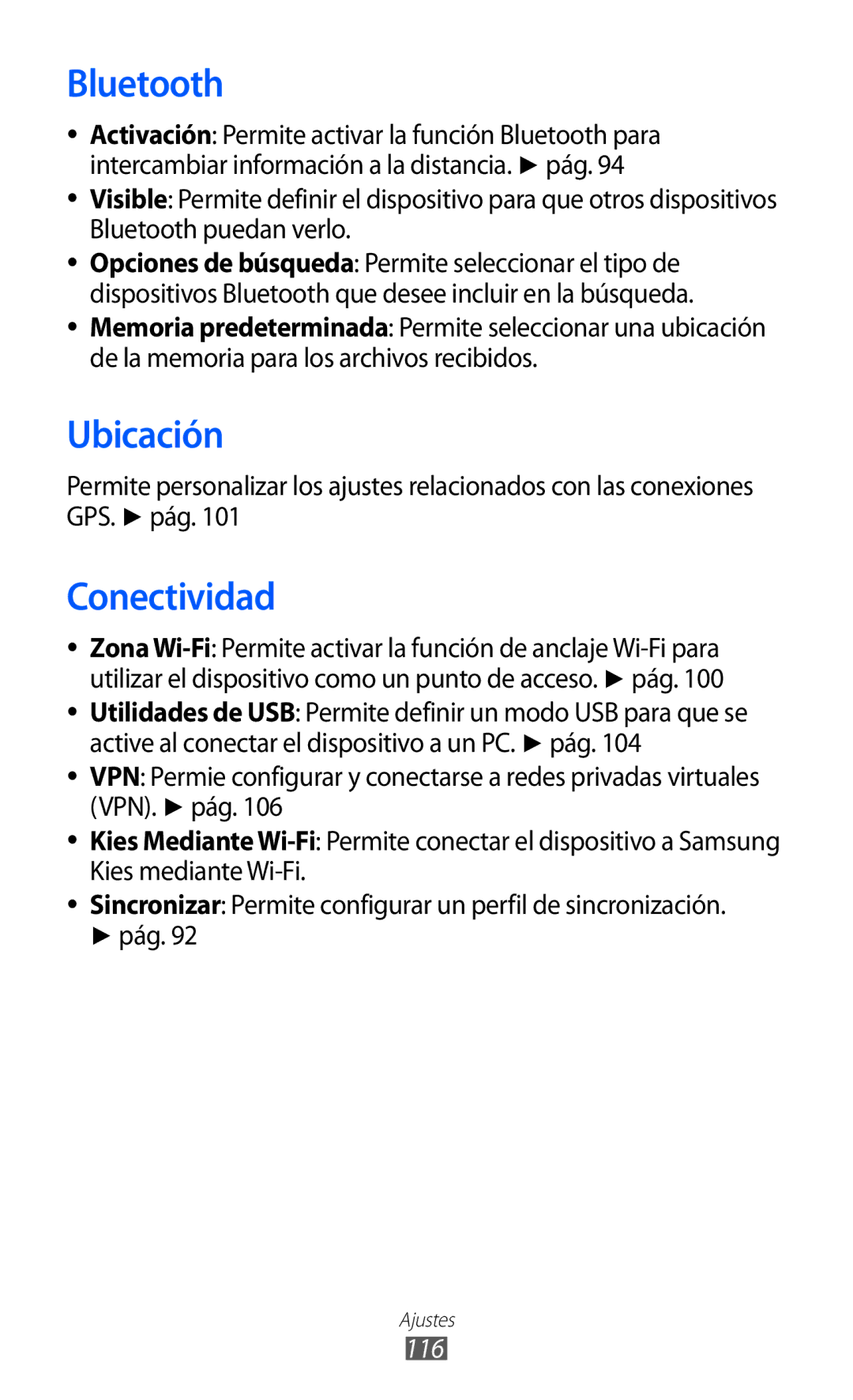 Samsung GT-S8500BAAAMN, GT-S8500PDAFOP, GT-S8500BAAYOG, GT-S8500BAATEE, GT-S8500PDAXEC manual Ubicación, Conectividad, 116 