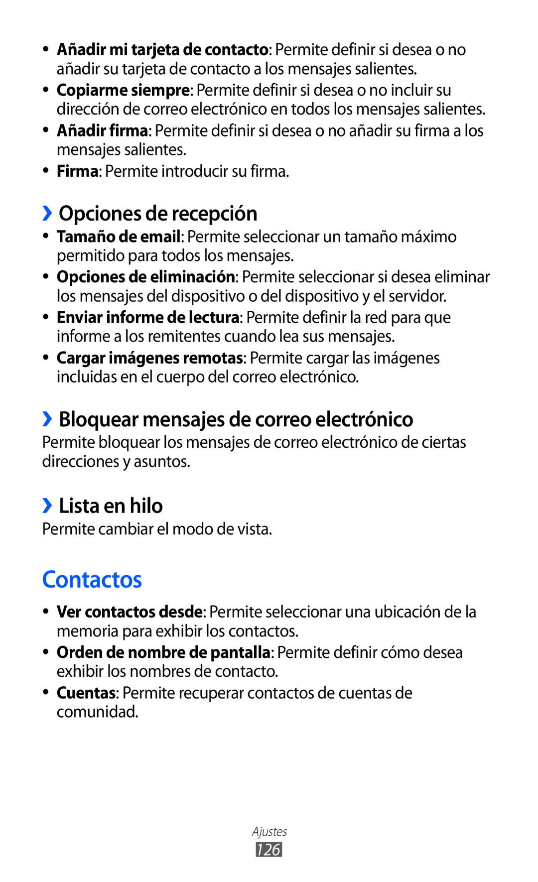 Samsung GT-S8500ISAFOP manual ››Opciones de recepción, ››Bloquear mensajes de correo electrónico, ››Lista en hilo, 126 