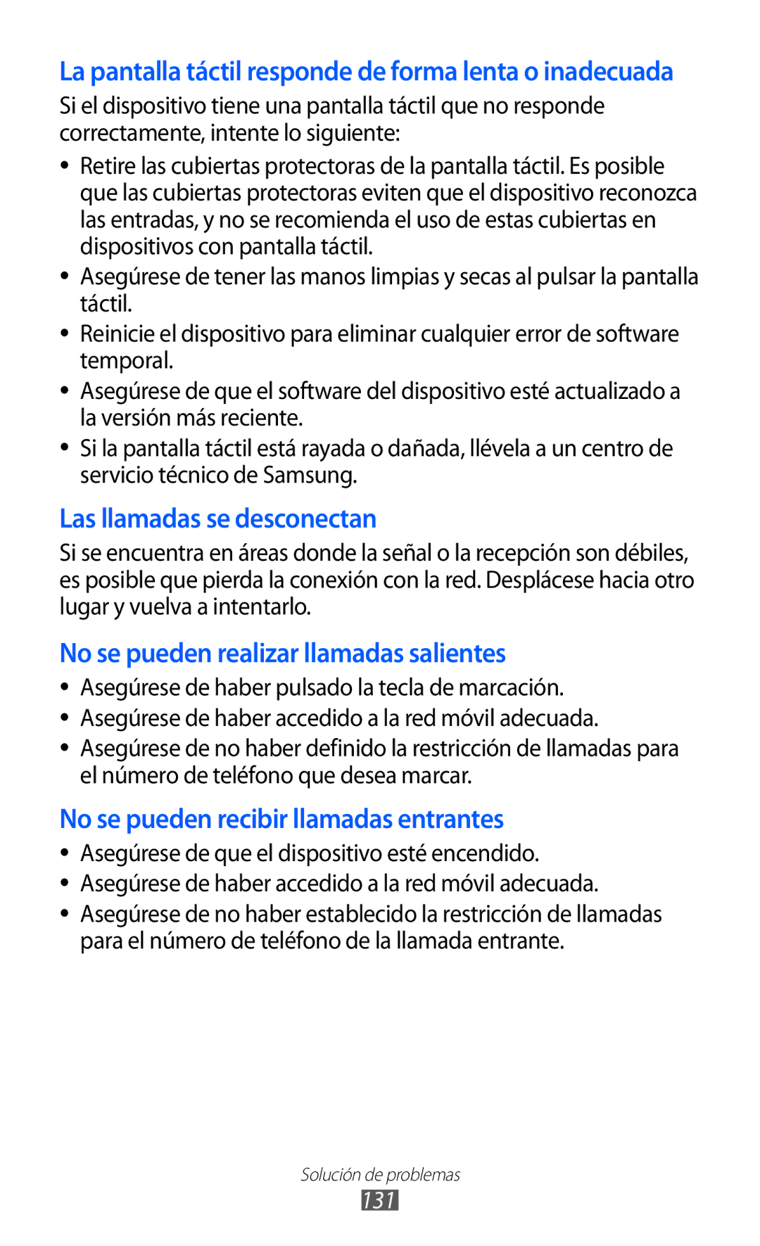 Samsung GT-S8500HKATEE, GT-S8500PDAFOP, GT-S8500BAAYOG manual La pantalla táctil responde de forma lenta o inadecuada, 131 