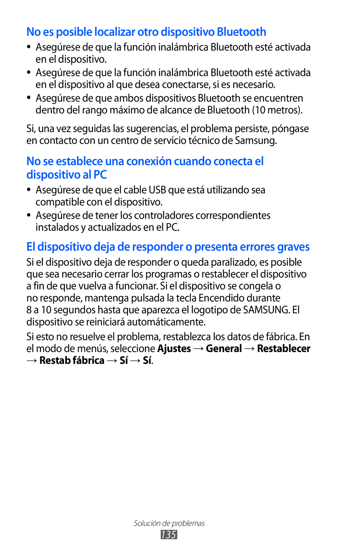 Samsung GT-S8500BAAATL manual No responde, mantenga pulsada la tecla Encendido durante, → Restab fábrica → Sí → Sí, 135 