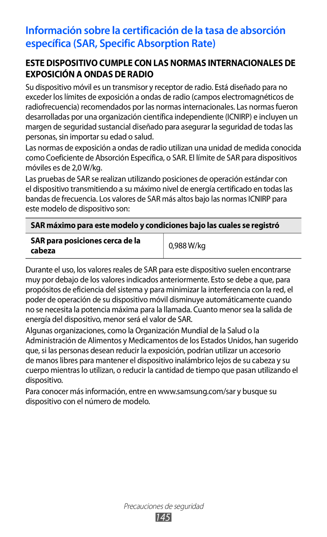 Samsung GT-S8500HKAATL, GT-S8500PDAFOP, GT-S8500BAAYOG, GT-S8500BAATEE manual 145, SAR para posiciones cerca de la cabeza 