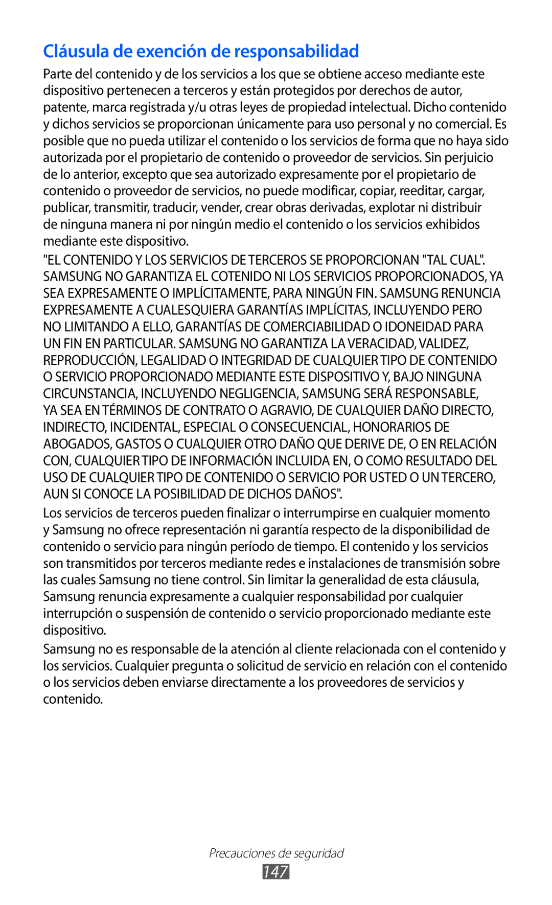 Samsung GT-S8500ISAATL, GT-S8500PDAFOP, GT-S8500BAAYOG, GT-S8500BAATEE manual Cláusula de exención de responsabilidad, 147 