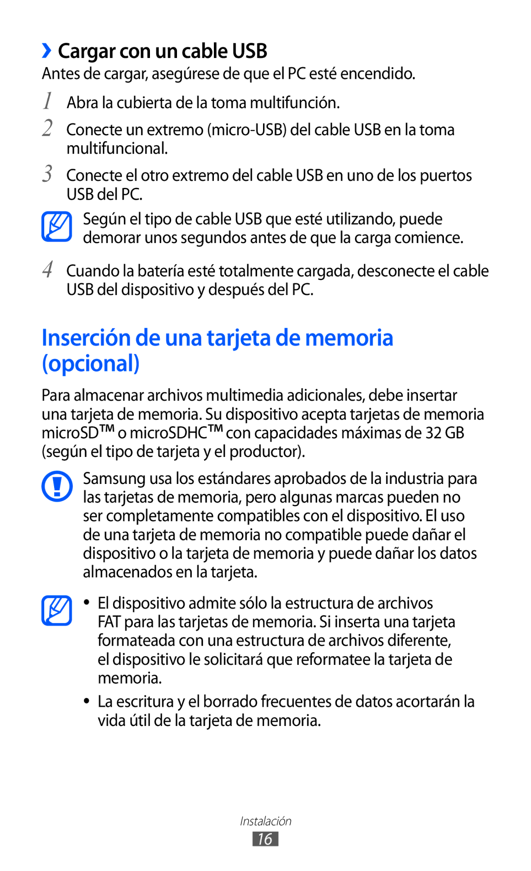 Samsung GT-S8500BAAAMN, GT-S8500PDAFOP manual Inserción de una tarjeta de memoria opcional, ››Cargar con un cable USB 