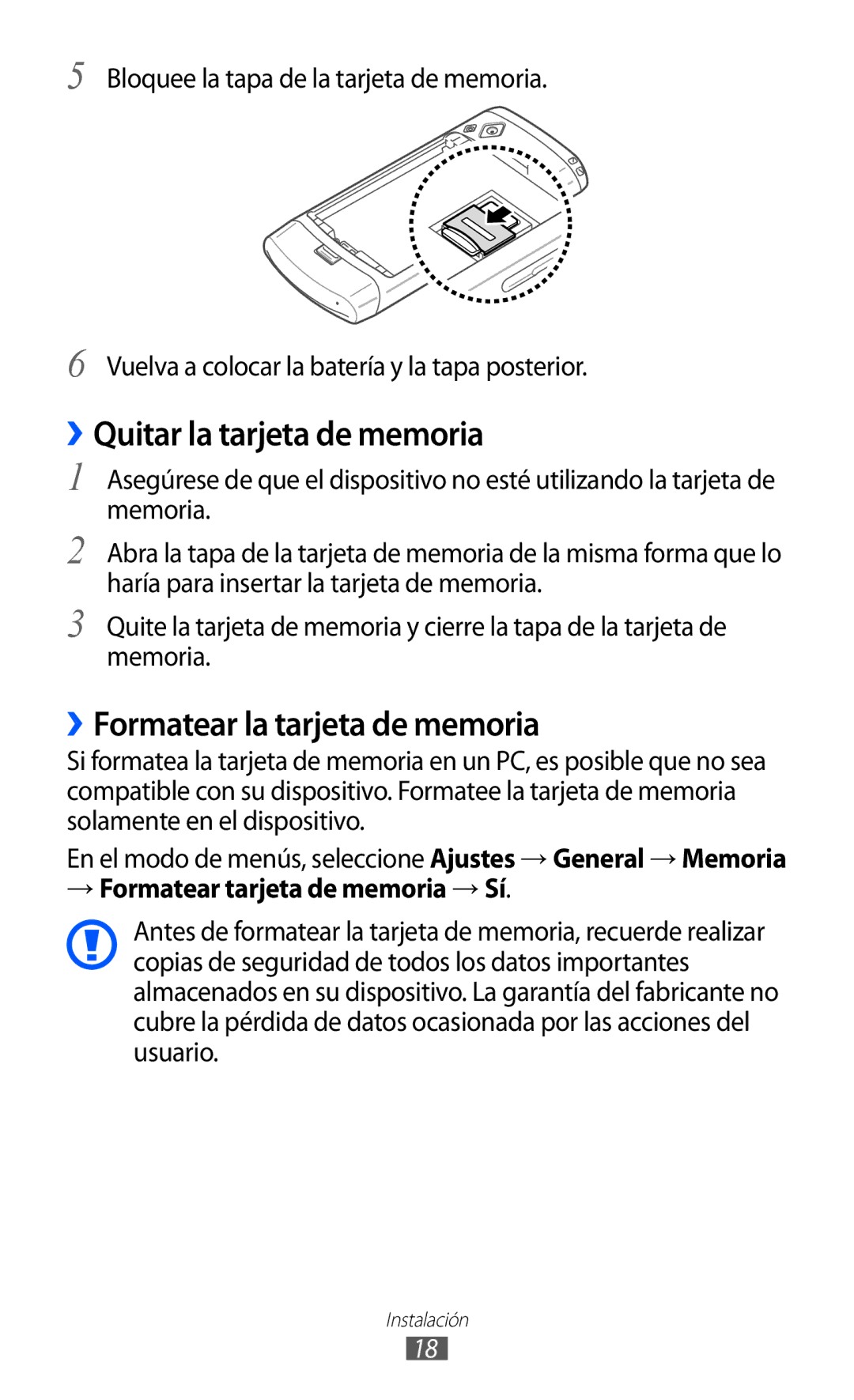 Samsung GT-S8500ISAXEC, GT-S8500PDAFOP, GT-S8500BAAYOG ››Quitar la tarjeta de memoria, ››Formatear la tarjeta de memoria 