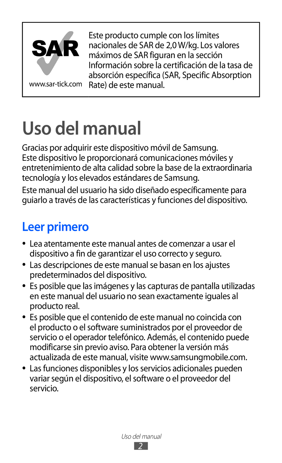 Samsung GT-S8500BAATEE, GT-S8500PDAFOP, GT-S8500BAAYOG, GT-S8500PDAXEC, GT-S8500LIAATL Uso del manual, Leer primero 