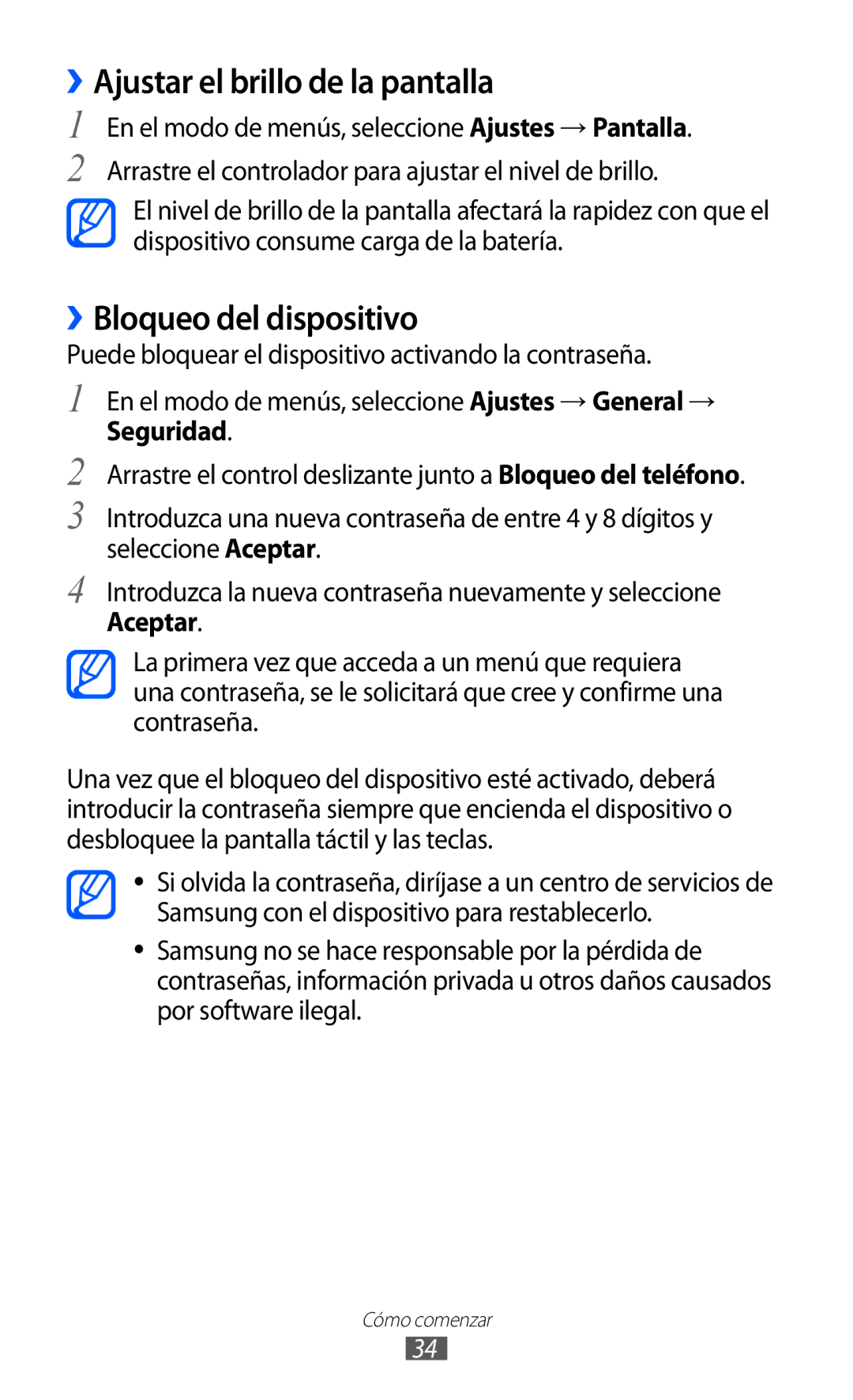 Samsung GT-S8500BAAFOP, GT-S8500PDAFOP, GT-S8500BAAYOG manual ››Ajustar el brillo de la pantalla, ››Bloqueo del dispositivo 