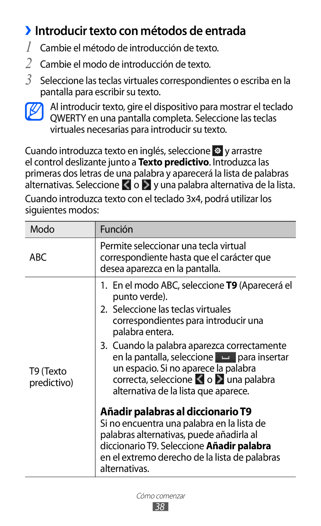 Samsung GT-S8500ISAXEC manual ››Introducir texto con métodos de entrada, Añadir palabras al diccionario T9, Para insertar 