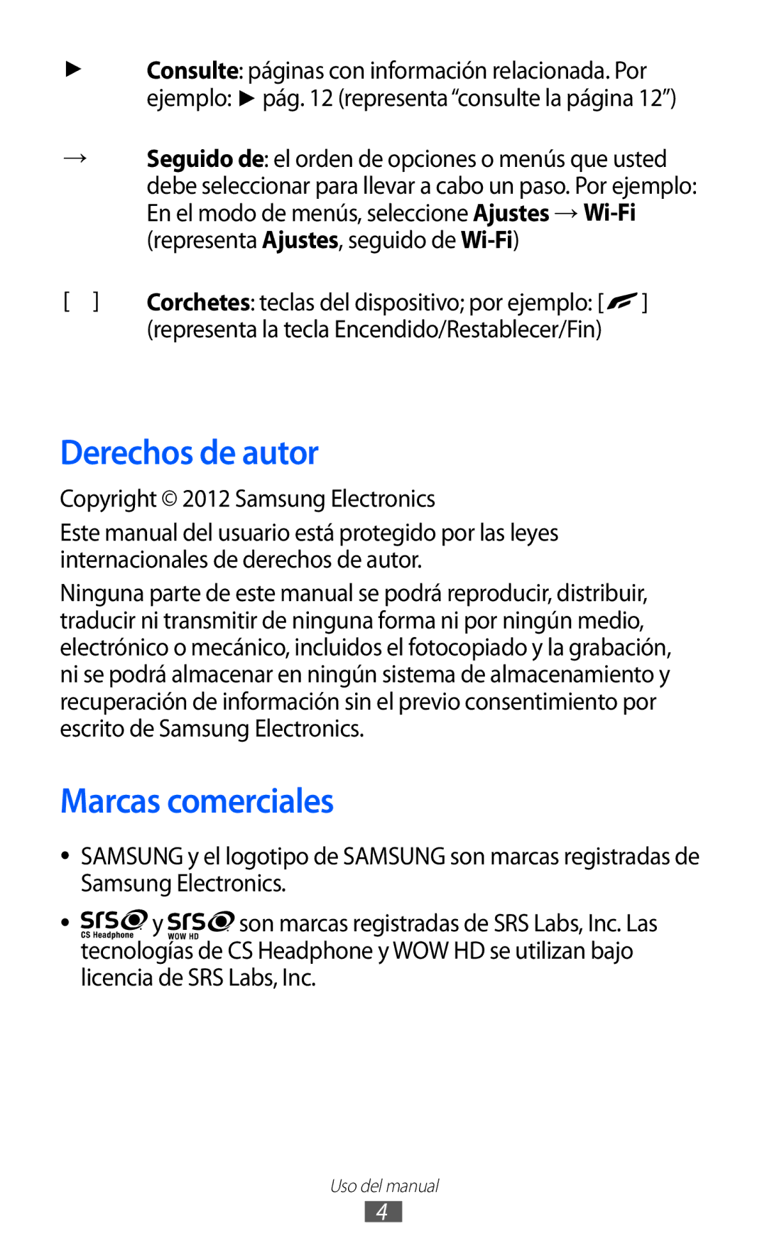 Samsung GT-S8500LIAATL, GT-S8500PDAFOP manual Derechos de autor, Marcas comerciales, Copyright 2012 Samsung Electronics 