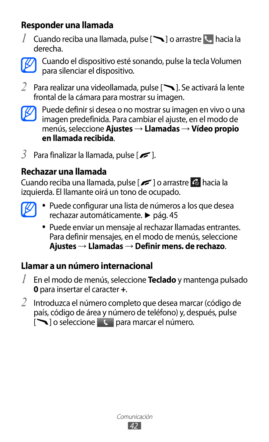 Samsung GT-S8500BAATEE, GT-S8500PDAFOP manual Responder una llamada, Rechazar una llamada, Llamar a un número internacional 