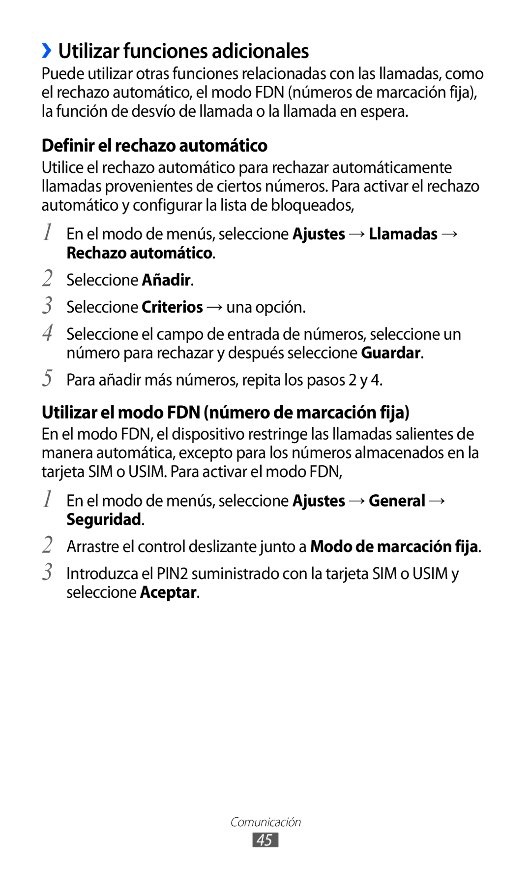 Samsung GT-S8500HKAATL, GT-S8500PDAFOP ››Utilizar funciones adicionales, Definir el rechazo automático, Rechazo automático 