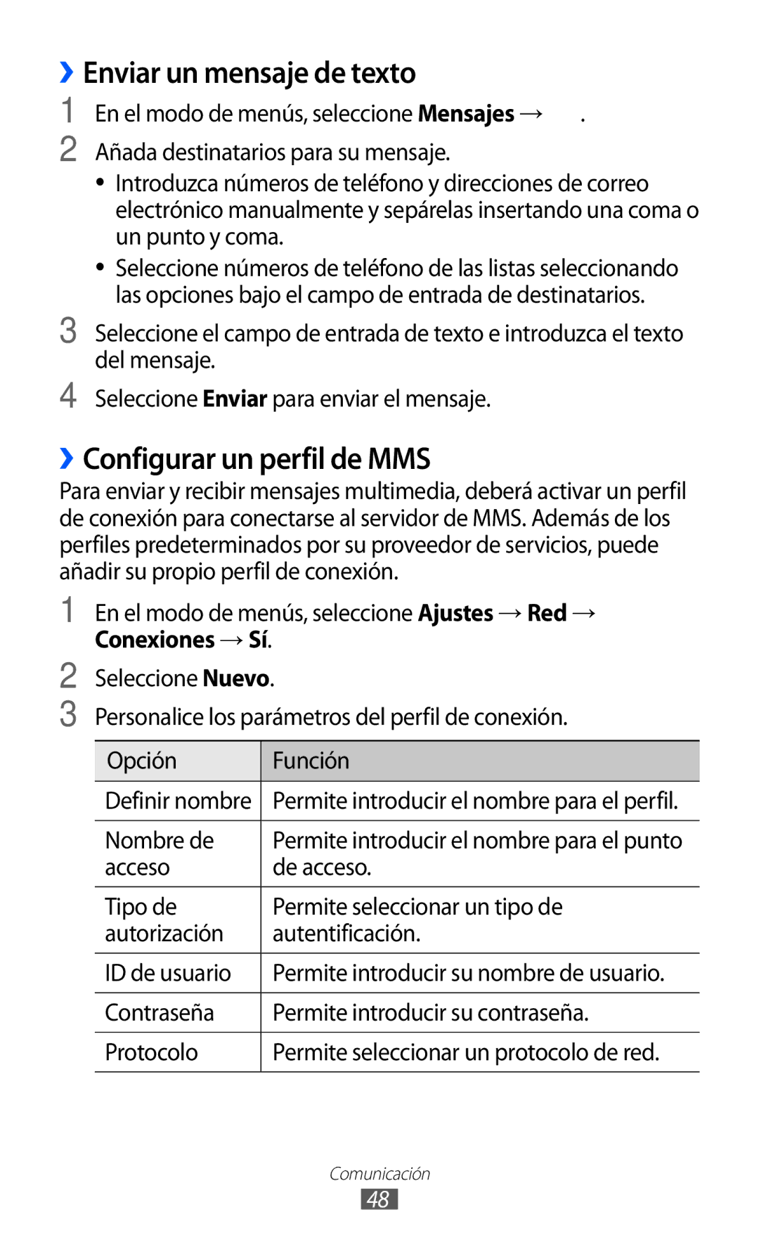 Samsung GT-S8500HKAYOG, GT-S8500PDAFOP manual ››Enviar un mensaje de texto, ››Configurar un perfil de MMS, Nombre de 