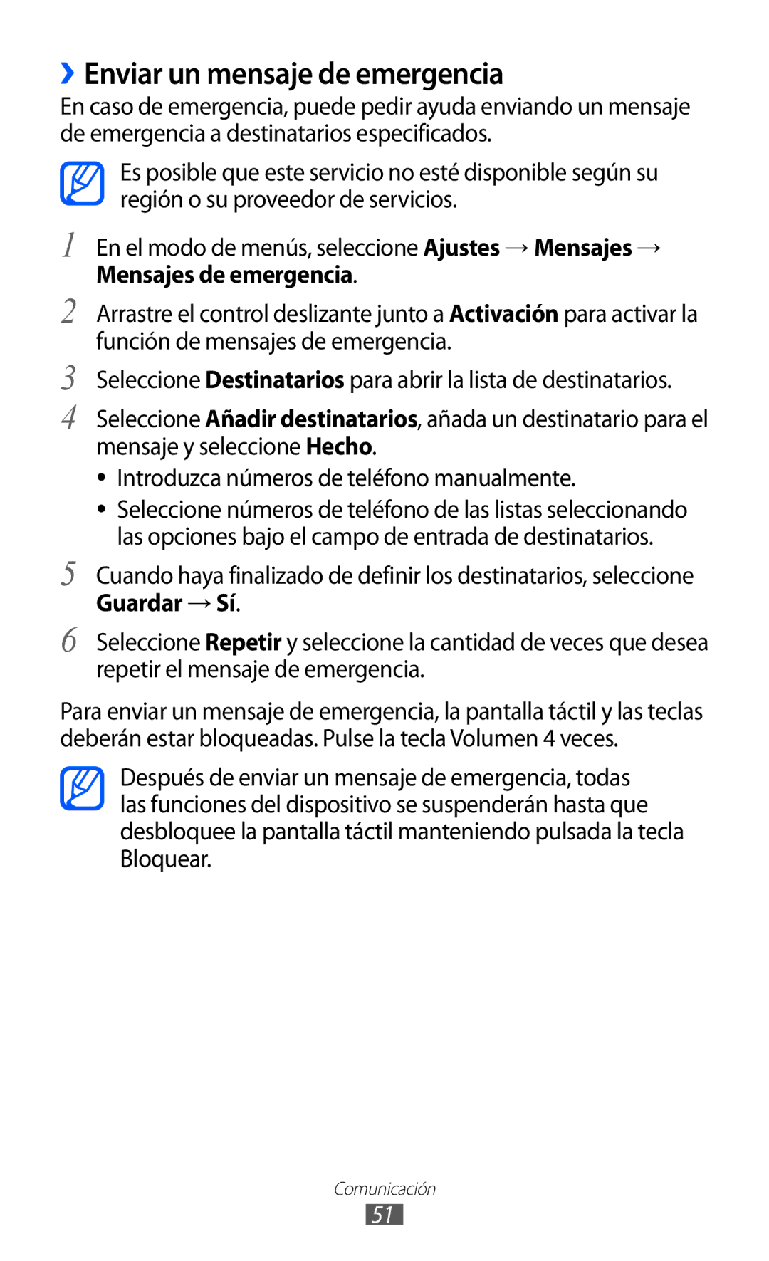 Samsung GT-S8500HKATEE, GT-S8500PDAFOP manual ››Enviar un mensaje de emergencia, Mensajes de emergencia, Guardar → Sí 