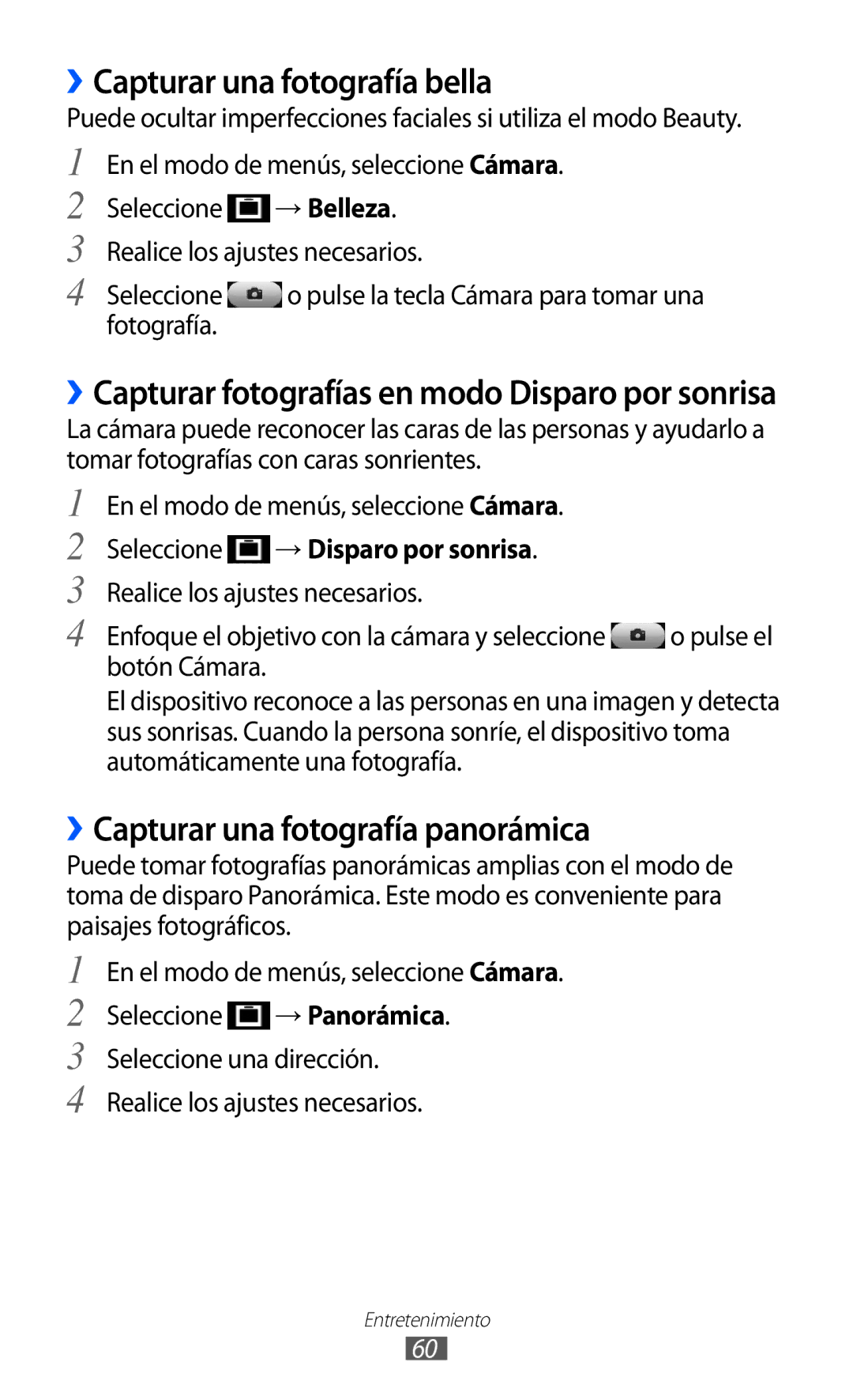 Samsung GT-S8500PDAFOP, GT-S8500BAAYOG manual ››Capturar una fotografía bella, ››Capturar una fotografía panorámica 