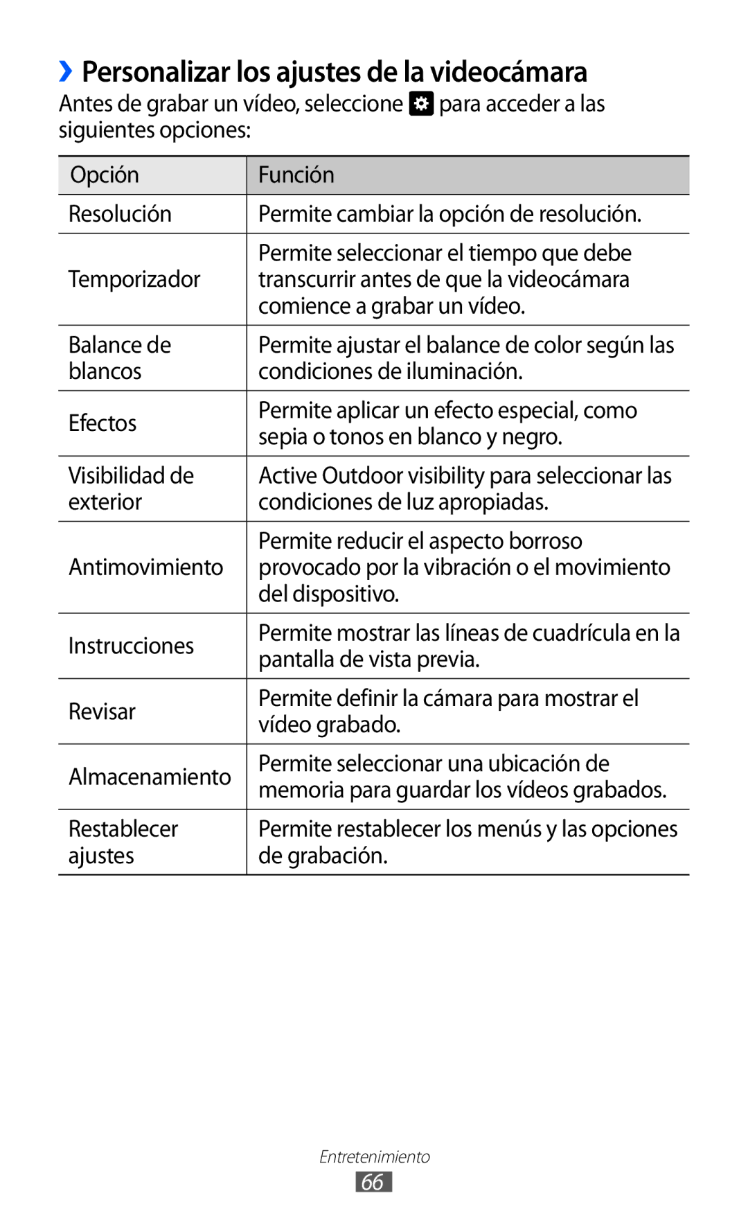 Samsung GT-S8500ISAFOP, GT-S8500PDAFOP, GT-S8500BAAYOG, GT-S8500BAATEE manual ››Personalizar los ajustes de la videocámara 