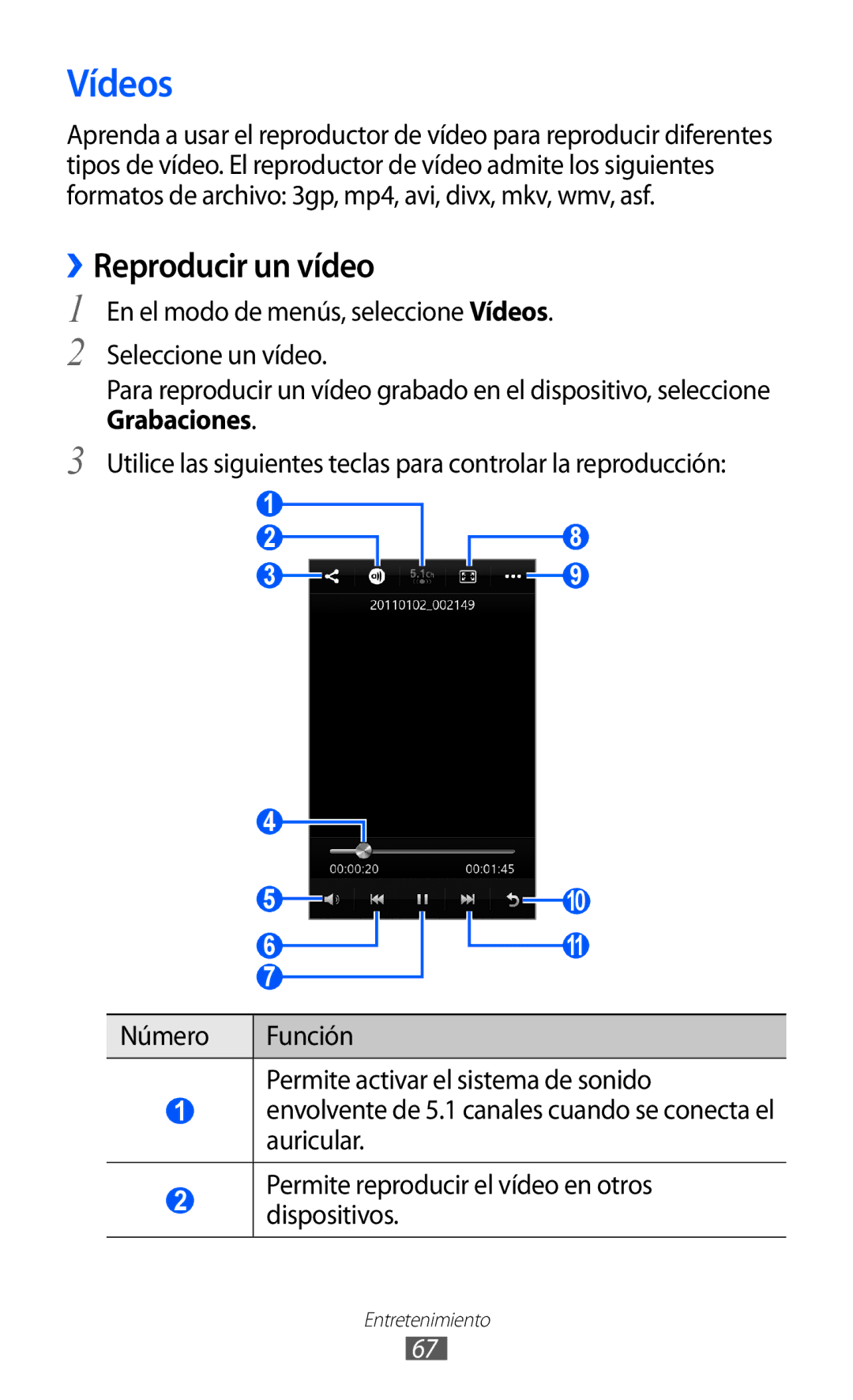 Samsung GT-S8500ISAATL, GT-S8500PDAFOP, GT-S8500BAAYOG, GT-S8500BAATEE, GT-S8500PDAXEC manual Vídeos, ››Reproducir un vídeo 