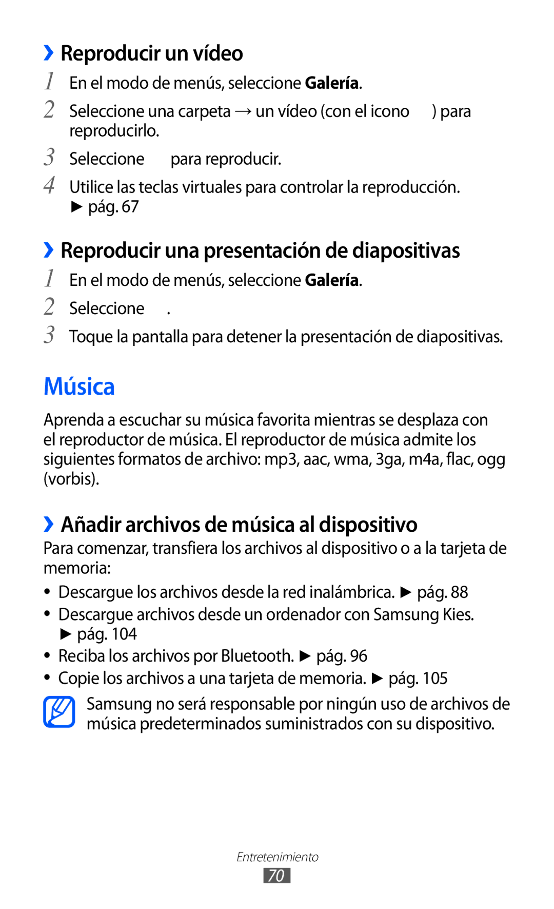 Samsung GT-S8500LRAXEC Música, ››Reproducir una presentación de diapositivas, ››Añadir archivos de música al dispositivo 