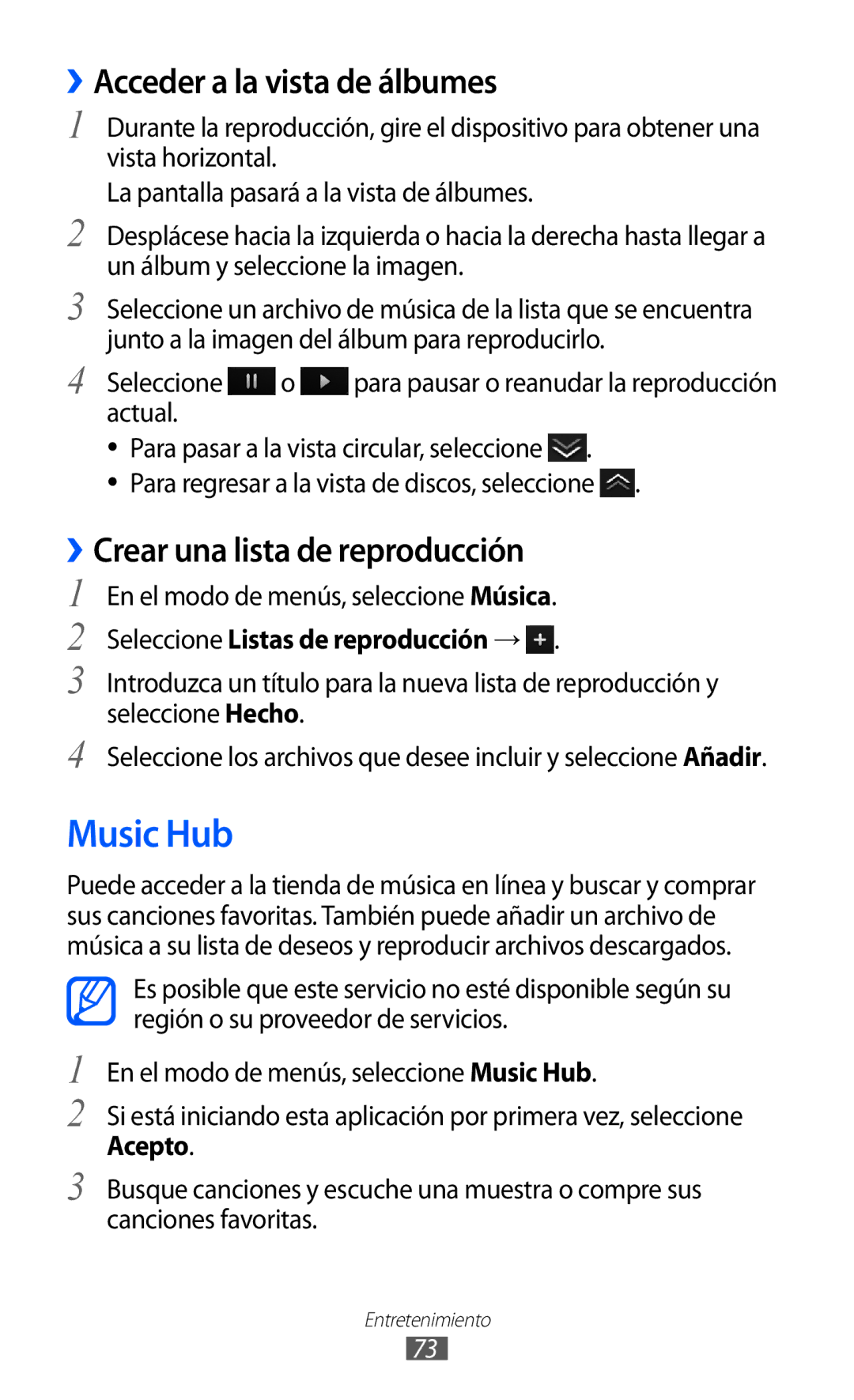 Samsung GT-S8500HKAXEC, GT-S8500PDAFOP manual Music Hub, ››Acceder a la vista de álbumes, ››Crear una lista de reproducción 