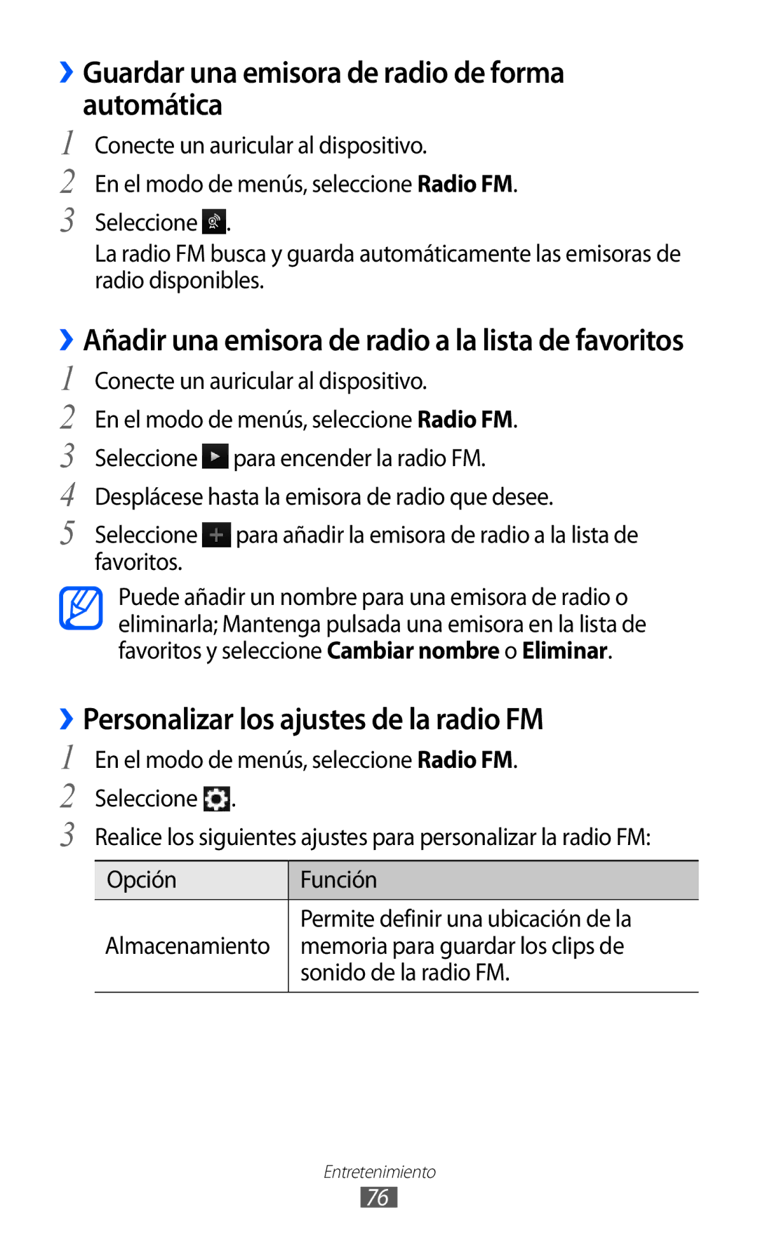 Samsung GT-S8500BAAAMN manual ››Guardar una emisora de radio de forma automática, ››Personalizar los ajustes de la radio FM 