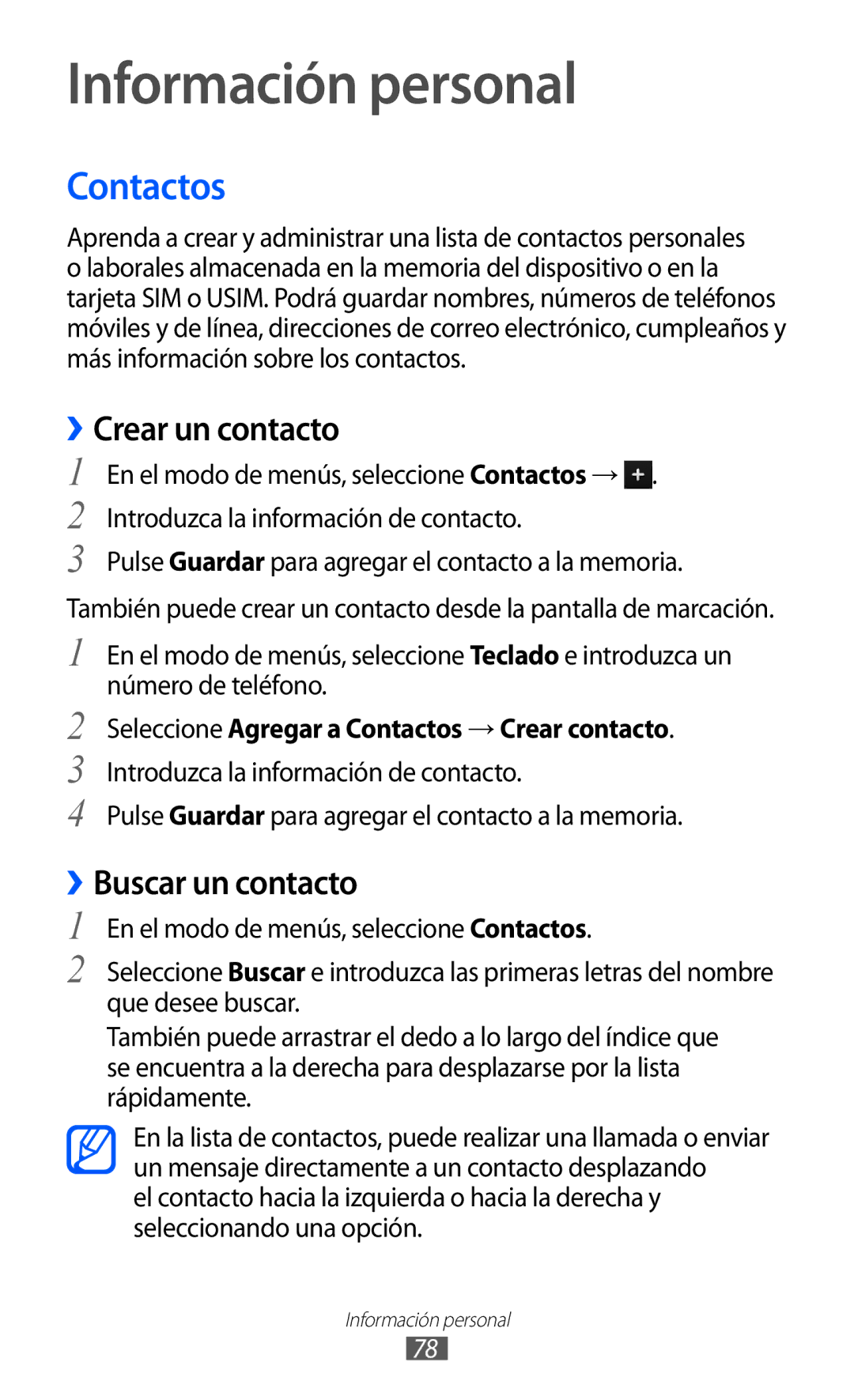 Samsung GT-S8500ISAXEC, GT-S8500PDAFOP manual Información personal, Contactos, ››Crear un contacto, ››Buscar un contacto 