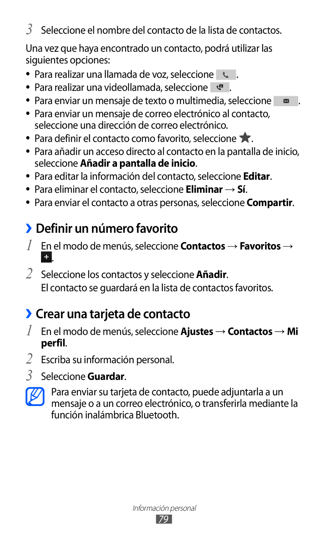 Samsung GT-S8500BAAXEC, GT-S8500PDAFOP manual ››Definir un número favorito, ››Crear una tarjeta de contacto, Perfil 