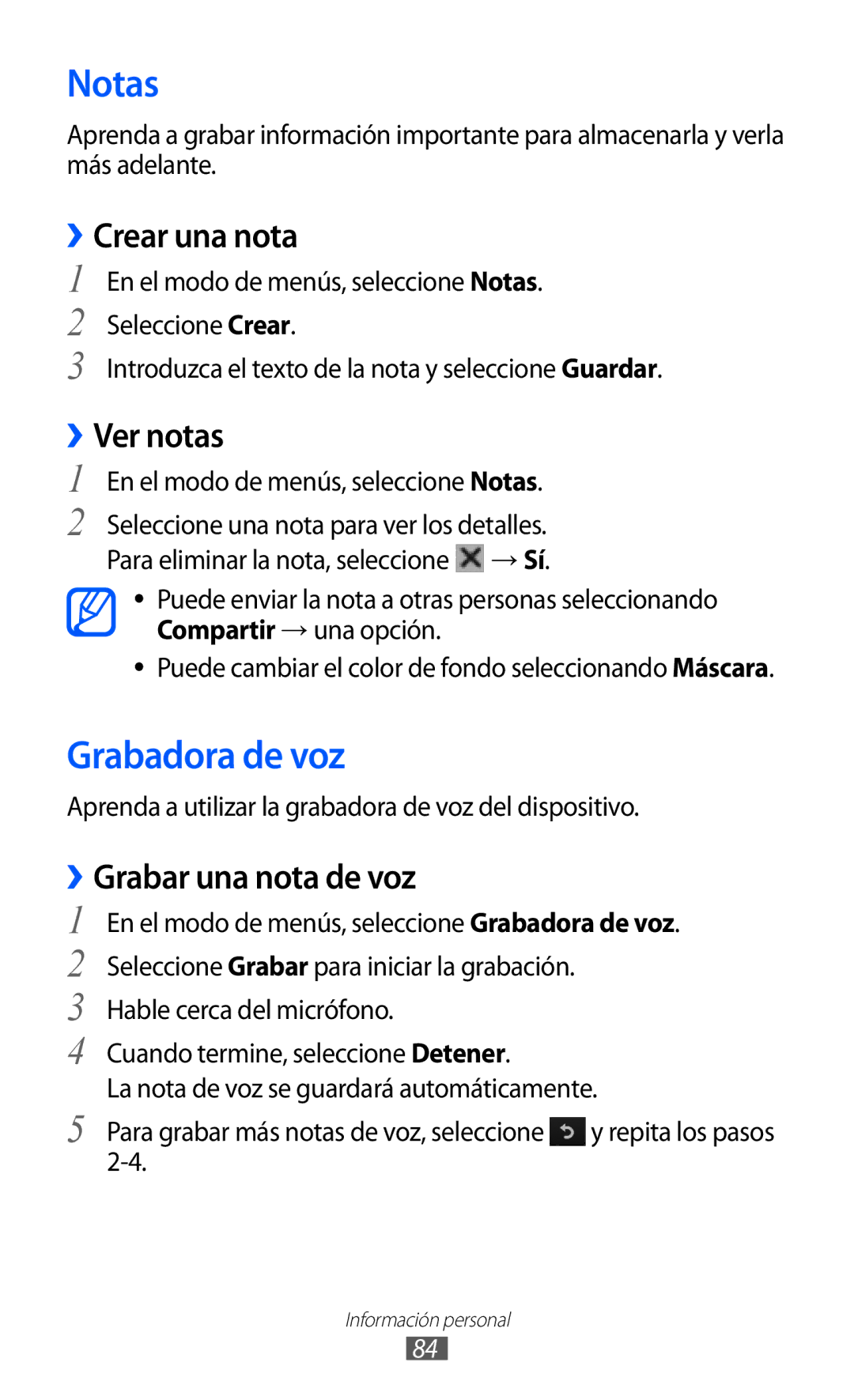 Samsung GT-S8500LIAATL, GT-S8500PDAFOP Notas, Grabadora de voz, ››Crear una nota, ››Ver notas, ››Grabar una nota de voz 