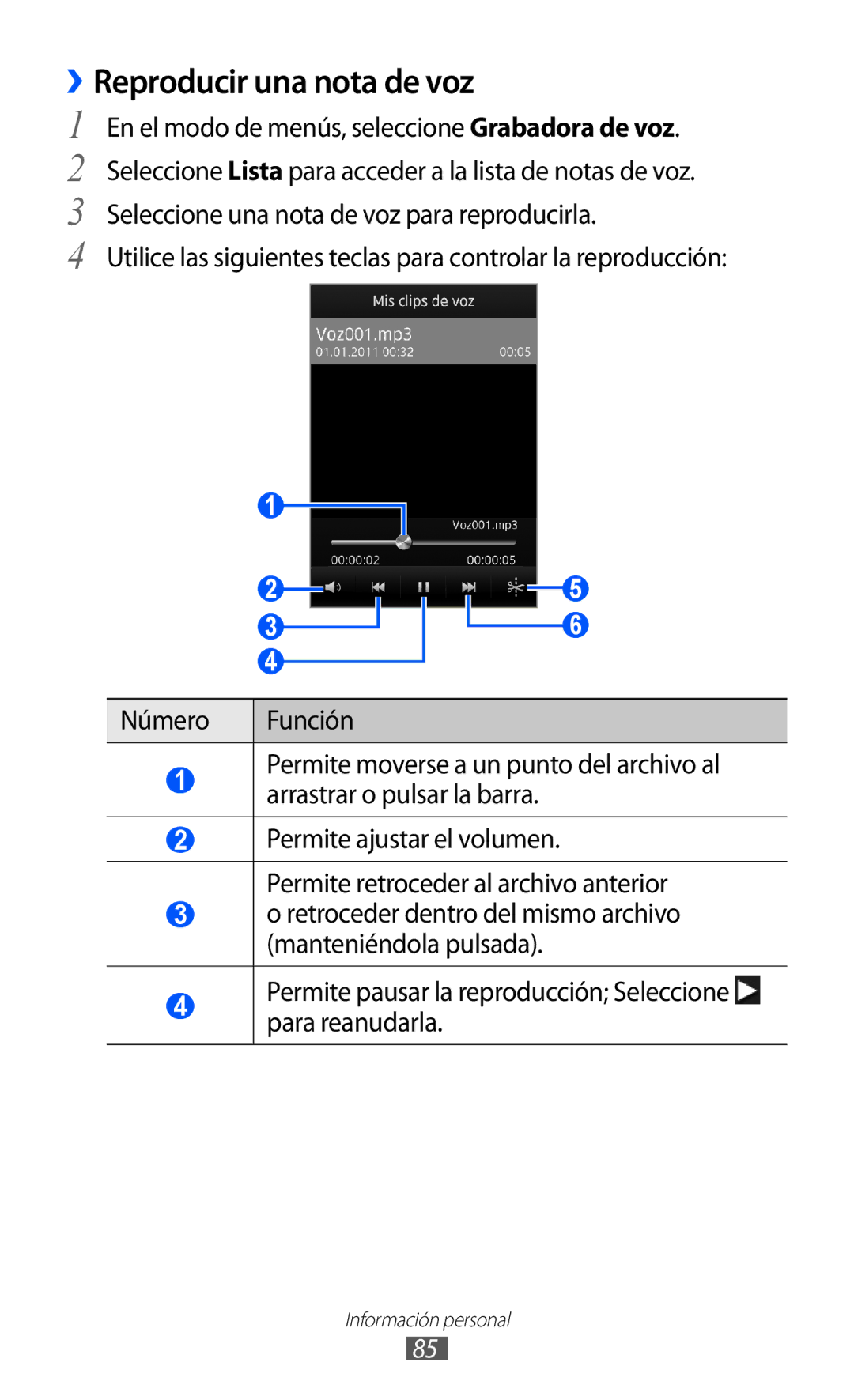 Samsung GT-S8500HKAATL, GT-S8500PDAFOP, GT-S8500BAAYOG, GT-S8500BAATEE, GT-S8500PDAXEC manual ››Reproducir una nota de voz 