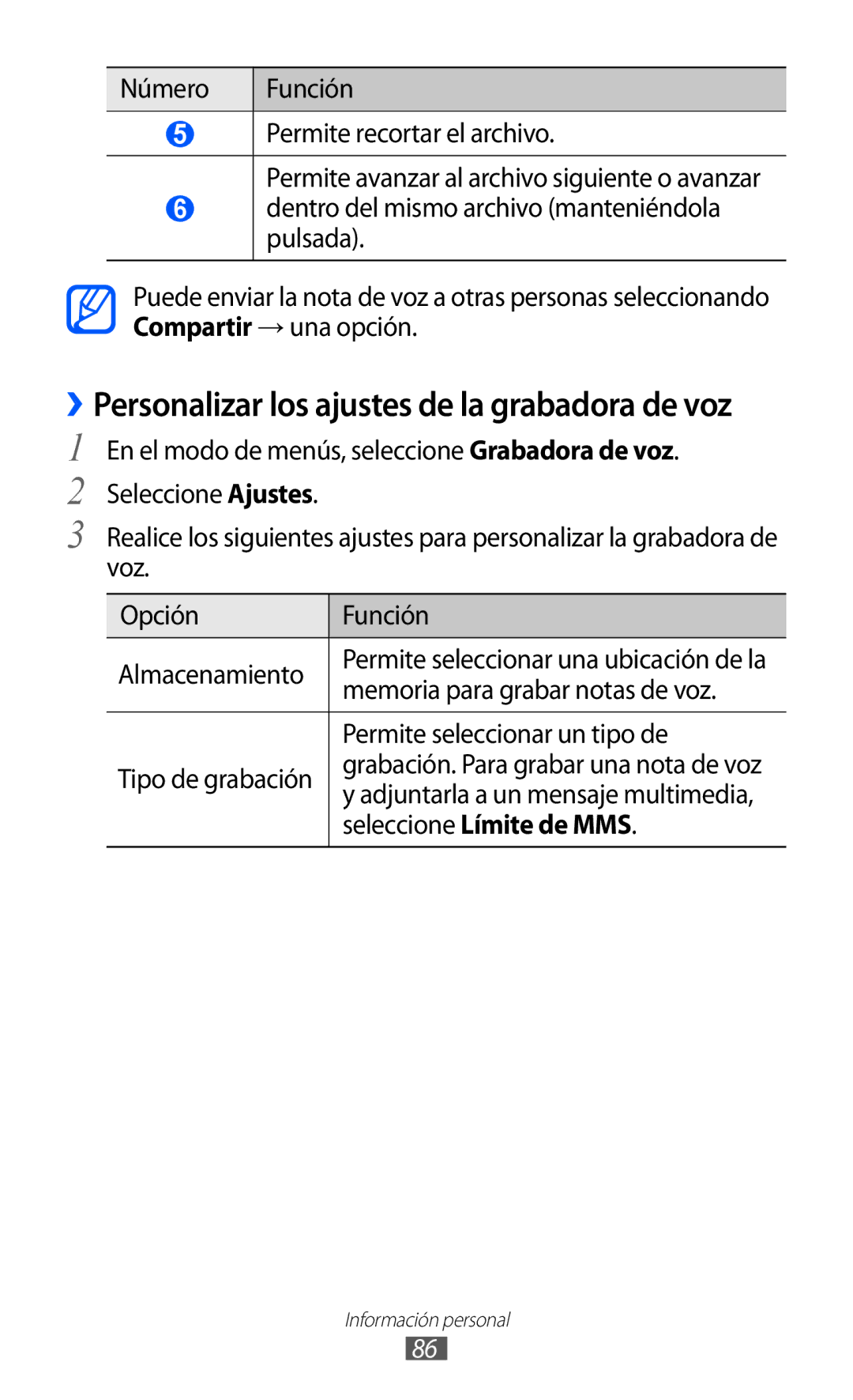 Samsung GT-S8500ISAFOP, GT-S8500PDAFOP, GT-S8500BAAYOG manual Memoria para grabar notas de voz, Seleccione Límite de MMS 