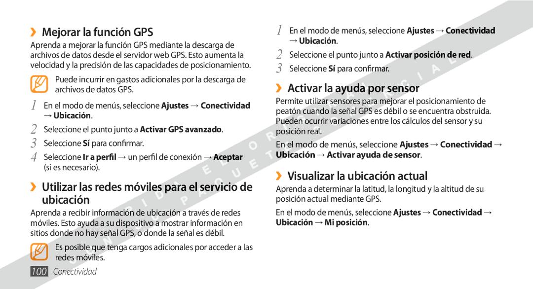 Samsung GT-S8530BAAAMN manual ››Mejorar la función GPS, ››Utilizar las redes móviles para el servicio de ubicación 