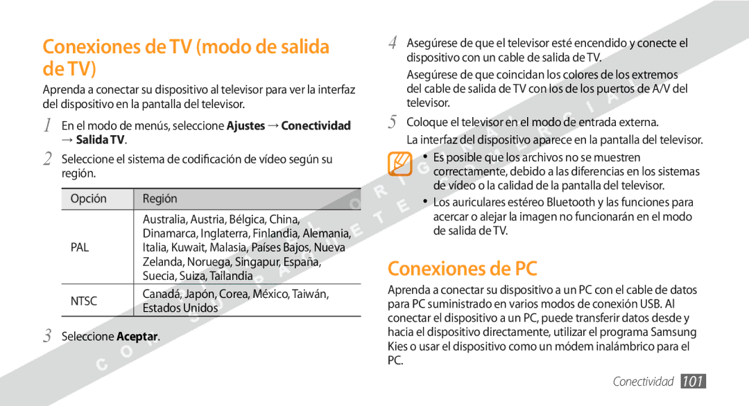 Samsung GT-S8530BAAFOP Conexiones de TV modo de salida de TV, Conexiones de PC, → Salida TV, Suecia, Suiza, Tailandia 