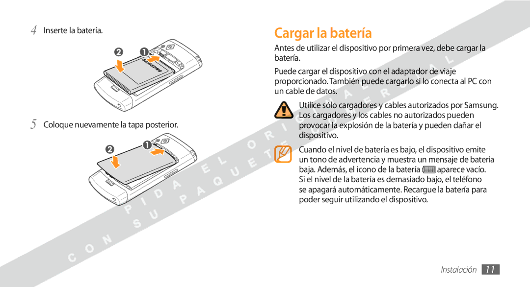 Samsung GT-S8530BAAFOP, GT-S8530BAAAMN manual Cargar la batería, Inserte la batería Coloque nuevamente la tapa posterior 