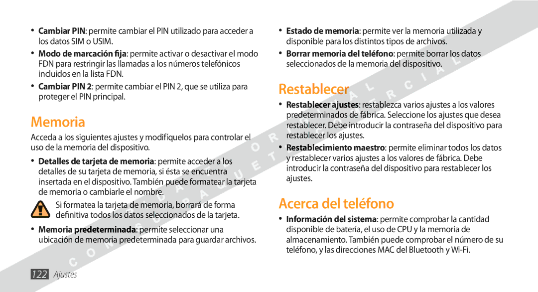 Samsung GT-S8530BAAATL, GT-S8530BAAAMN, GT-S8530BAAFOP, GT-S8530BAAYOG manual Memoria, Restablecer, Acerca del teléfono 