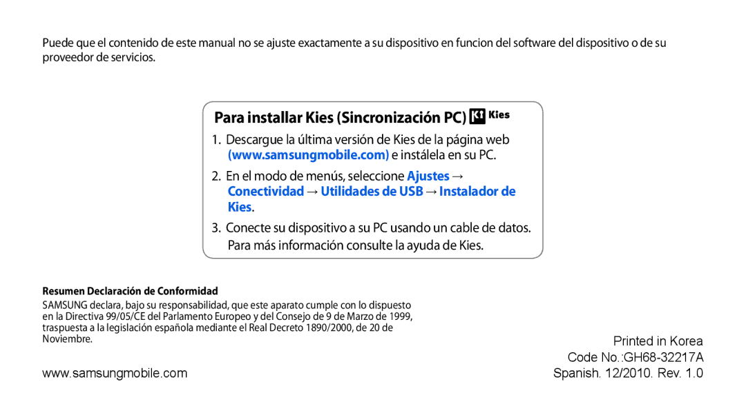 Samsung GT-S8530BAAFOP, GT-S8530BAAAMN, GT-S8530BAAATL manual Para installar Kies Sincronización PC, Code No.GH68-32217A 