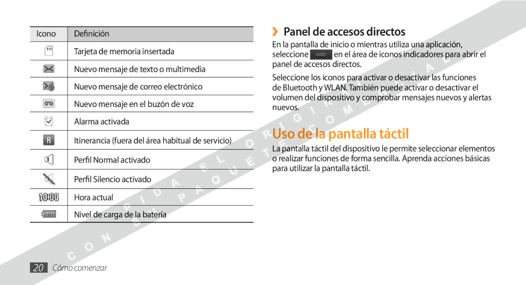 Samsung GT-S8530BAAAMN, GT-S8530BAAFOP manual Uso de la pantalla táctil, ››Panel de accesos directos, 20 Cómo comenzar 