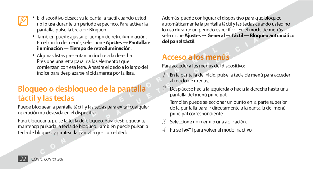 Samsung GT-S8530BAAATL manual Bloqueo o desbloqueo de la pantalla táctil y las teclas, Acceso a los menús, 22 Cómo comenzar 