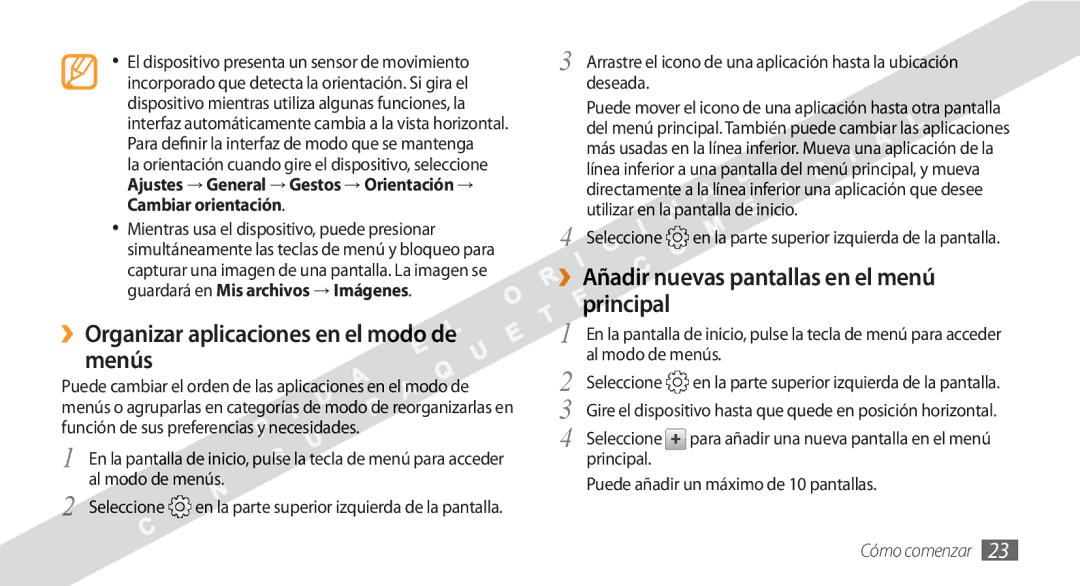 Samsung GT-S8530BAAYOG manual ››Organizar aplicaciones en el modo de menús, Añadir nuevas pantallas en el menú principal 