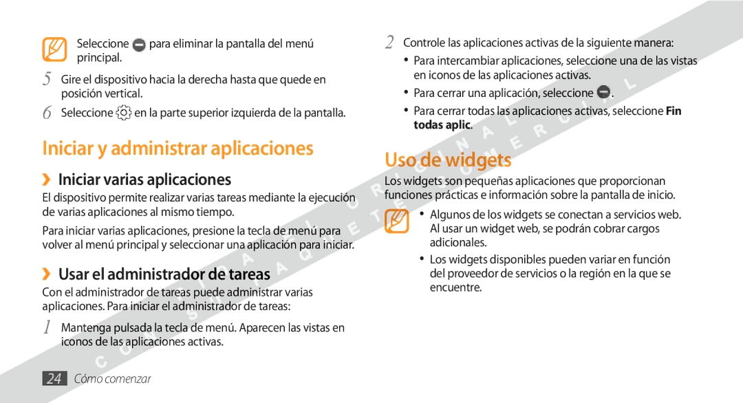 Samsung GT-S8530BAAXEC Iniciar y administrar aplicaciones, Uso de widgets, ››Iniciar varias aplicaciones, 24 Cómo comenzar 