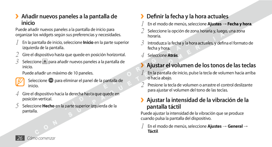 Samsung GT-S8530BAAFOP manual ››Añadir nuevos paneles a la pantalla de inicio, ››Definir la fecha y la hora actuales 