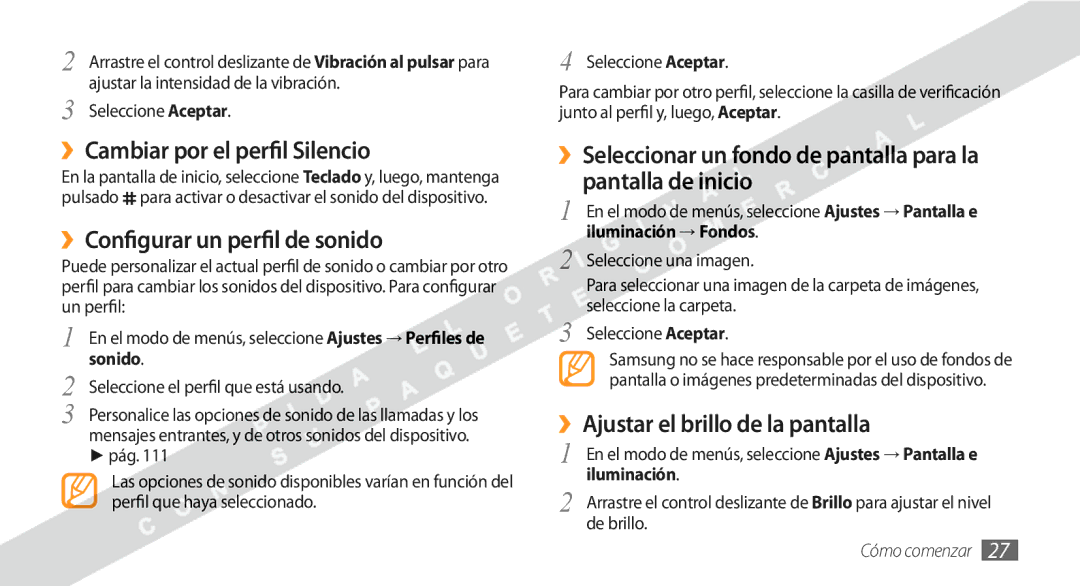 Samsung GT-S8530BAAATL manual ››Cambiar por el perfil Silencio, ››Configurar un perfil de sonido, Seleccione Aceptar 