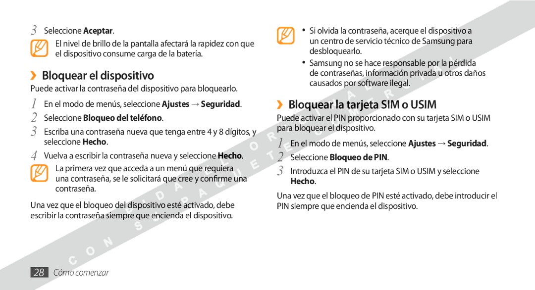 Samsung GT-S8530BAAYOG manual ››Bloquear el dispositivo, ››Bloquear la tarjeta SIM o Usim, Seleccione Bloqueo del teléfono 