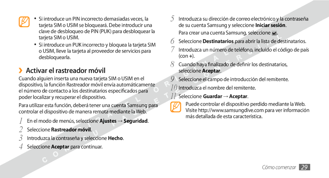 Samsung GT-S8530BAAXEC, GT-S8530BAAAMN manual ››Activar el rastreador móvil, Para crear una cuenta Samsung, seleccione 