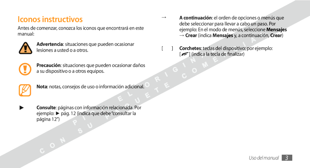 Samsung GT-S8530BAAYOG Iconos instructivos, Ejemplo pág indica que debeconsultar la página, Indica la tecla de finalizar 