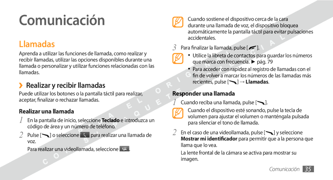 Samsung GT-S8530BAAAMN Comunicación, Llamadas, ››Realizar y recibir llamadas, Realizar una llamada, Responder una llamada 