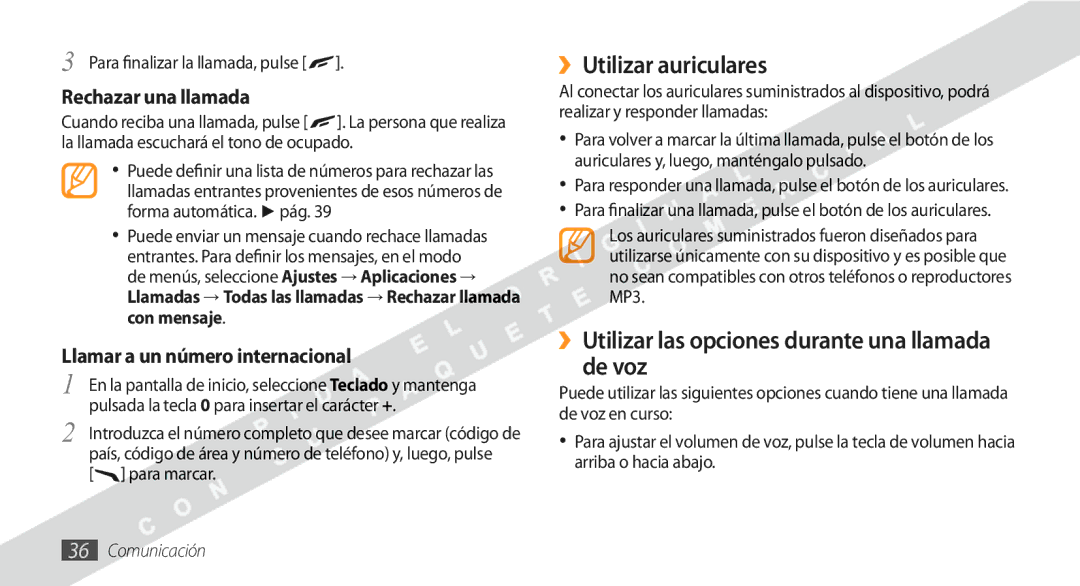 Samsung GT-S8530BAAFOP ››Utilizar auriculares, ››Utilizar las opciones durante una llamada de voz, Rechazar una llamada 