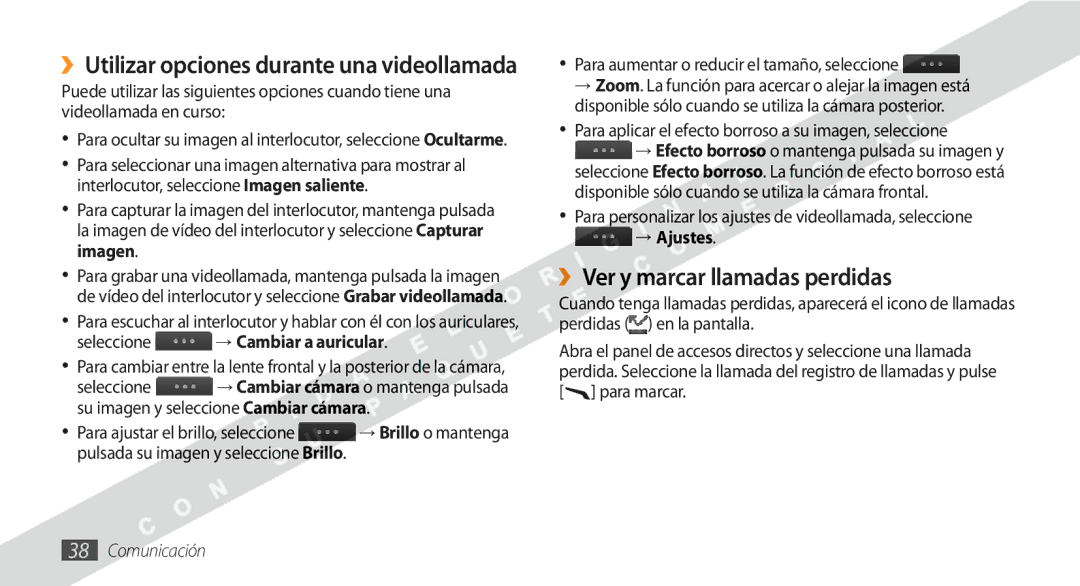 Samsung GT-S8530BAAYOG manual ››Ver y marcar llamadas perdidas, ››Utilizar opciones durante una videollamada, → Ajustes 