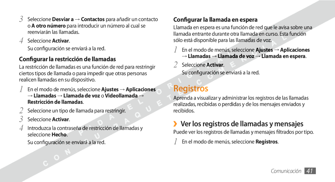 Samsung GT-S8530BAAFOP manual Registros, ››Ver los registros de llamadas y mensajes, Configurar la restricción de llamadas 