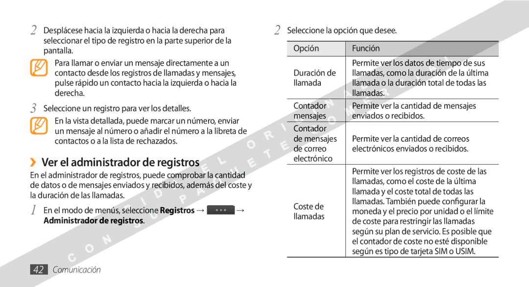 Samsung GT-S8530BAAATL, GT-S8530BAAAMN, GT-S8530BAAFOP manual ››Ver el administrador de registros, Administrador de registros 