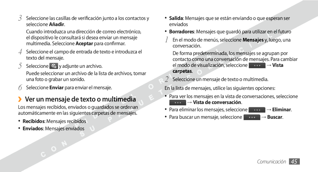 Samsung GT-S8530BAAAMN, GT-S8530BAAFOP, GT-S8530BAAATL manual ››Ver un mensaje de texto o multimedia, → Vista de conversación 