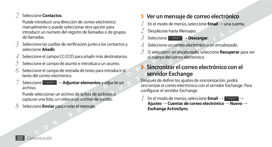 Samsung GT-S8530BAAAMN manual ››Ver un mensaje de correo electrónico, Seleccione → Adjuntar elementos y adjunte un archivo 