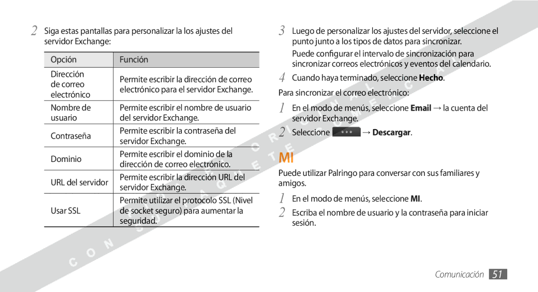 Samsung GT-S8530BAAFOP, GT-S8530BAAAMN Usuario Del servidor Exchange Contraseña, Servidor Exchange, Usar SSL, Seguridad 